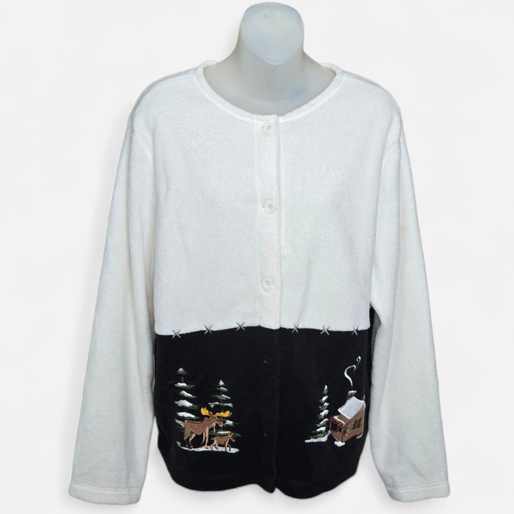 Croft & Barrow Womens Cabin Fleece Cardigan Size Large Winter Lodge Embroidered